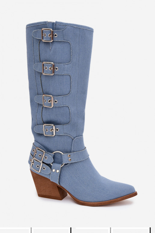 Denim kauboi stiilis kõrged saapad kontsade ja klambriga Fivelle