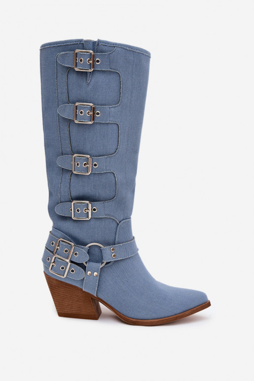 Denim kauboi stiilis kõrged saapad kontsade ja klambriga Fivelle