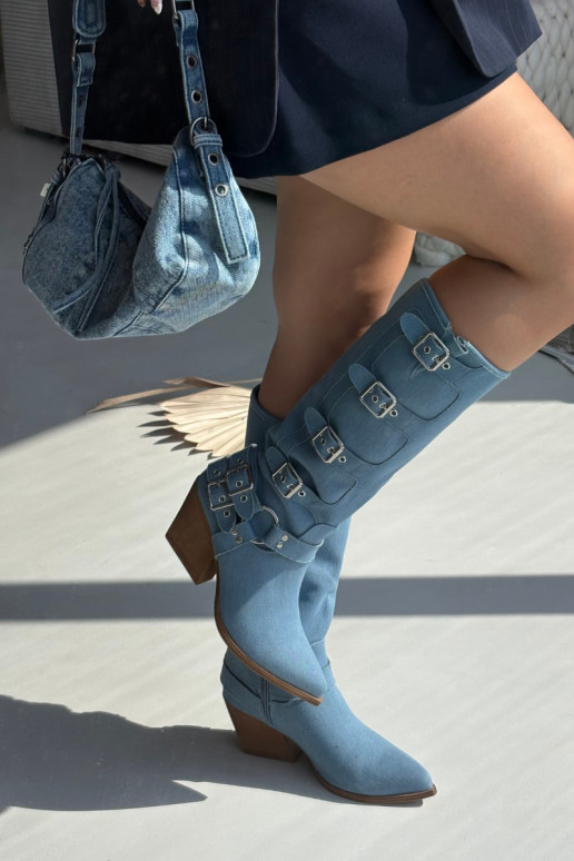 Denim kauboi stiilis kõrged saapad kontsade ja klambriga Fivelle