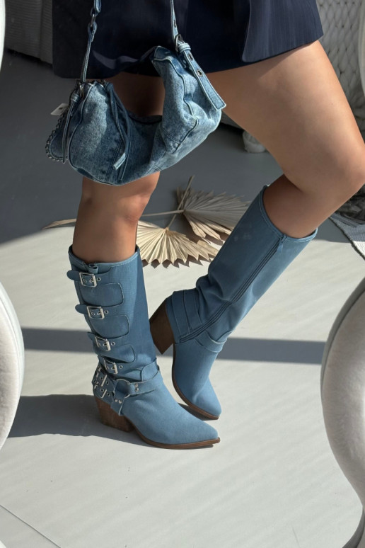 Denim kauboi stiilis kõrged saapad kontsade ja klambriga Fivelle