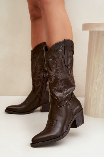 Knee-high cowboy-stiilis saapad kontsadega šokolaadi kunstnahast Jarissa