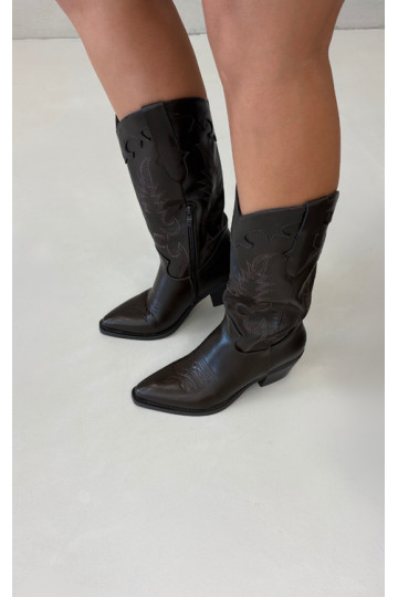 Knee-high cowboy-stiilis saapad kontsadega šokolaadi kunstnahast Jarissa 2