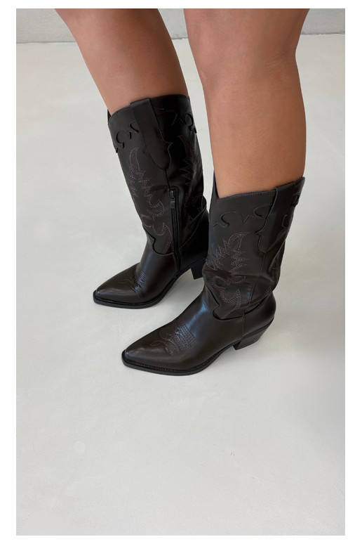 Knee-high cowboy-stiilis saapad kontsadega šokolaadi kunstnahast Jarissa