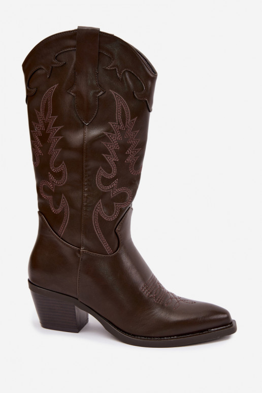Knee-high cowboy-stiilis saapad kontsadega šokolaadi kunstnahast Jarissa
