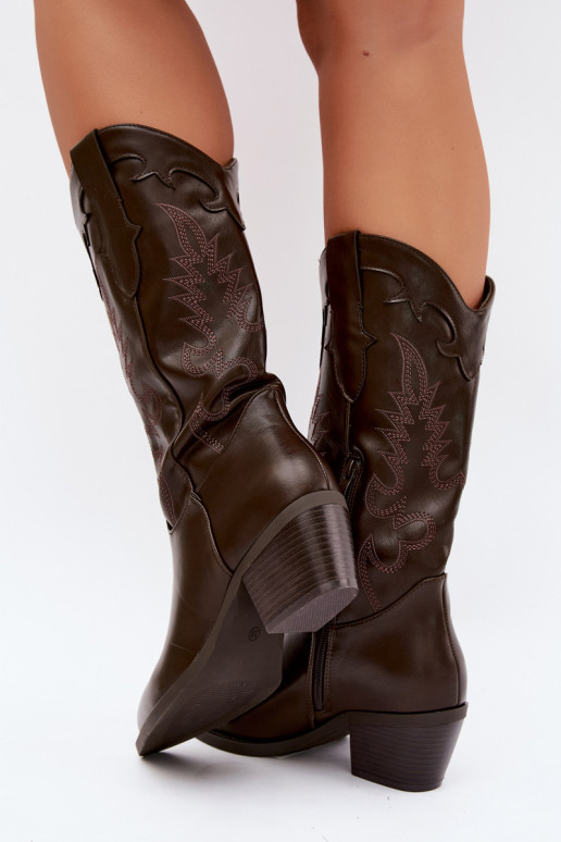 Knee-high cowboy-stiilis saapad kontsadega šokolaadi kunstnahast Jarissa