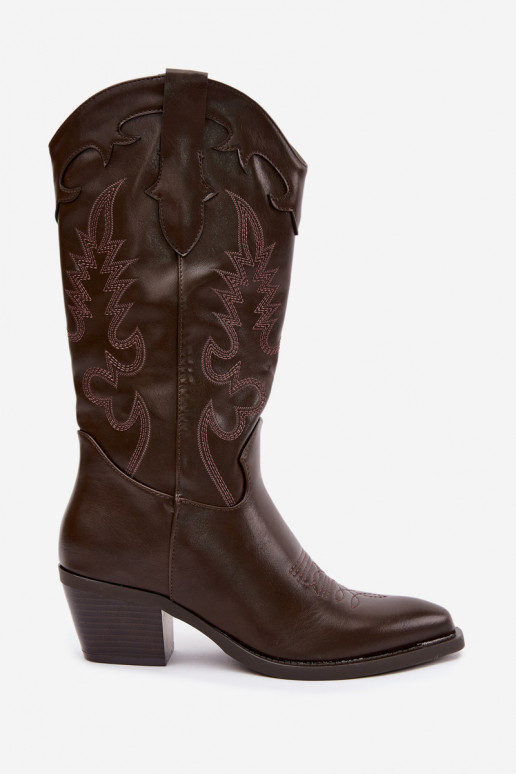 Knee-high cowboy-stiilis saapad kontsadega šokolaadi kunstnahast Jarissa