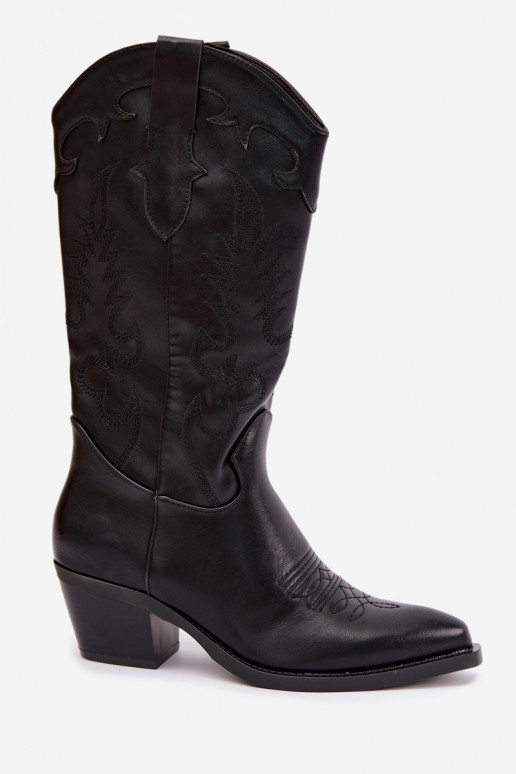 Knee-high cowboy-stiilis saapad kontsadega mustast kunstnahast Jarissa