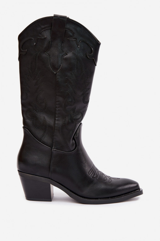 Knee-high cowboy-stiilis saapad kontsadega mustast kunstnahast Jarissa