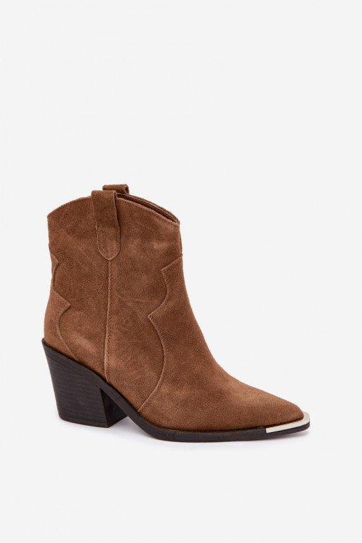 Pruunid seemisnahast cowboy-stiilis isoleeritud saapad kontsadega Pelsa