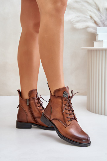 Pruunid sooja voodriga ankle boots laia kaunistatud kontsaga Leonise