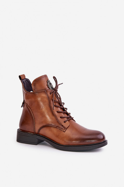 Pruunid sooja voodriga ankle boots laia kaunistatud kontsaga Leonise