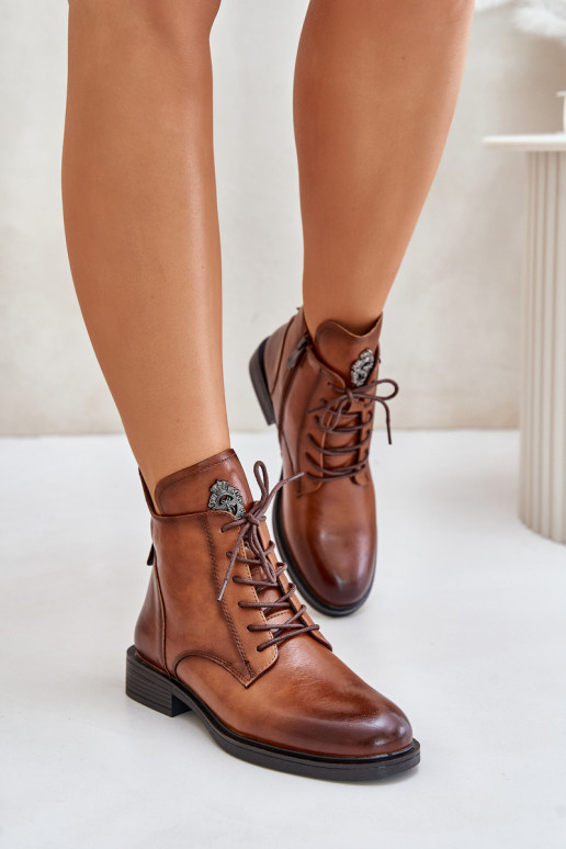 Pruunid sooja voodriga ankle boots laia kaunistatud kontsaga Leonise