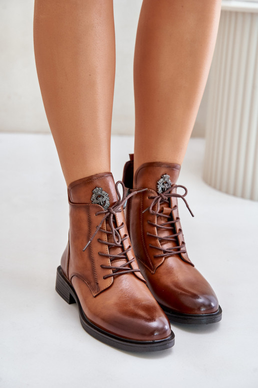 Pruunid sooja voodriga ankle boots laia kaunistatud kontsaga Leonise