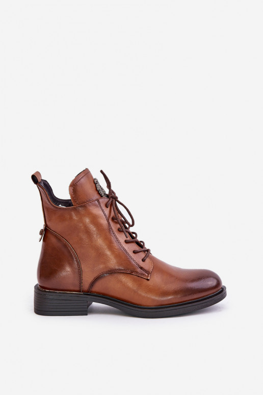 Pruunid sooja voodriga ankle boots laia kaunistatud kontsaga Leonise
