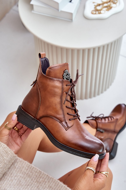 Pruunid sooja voodriga ankle boots laia kaunistatud kontsaga Leonise