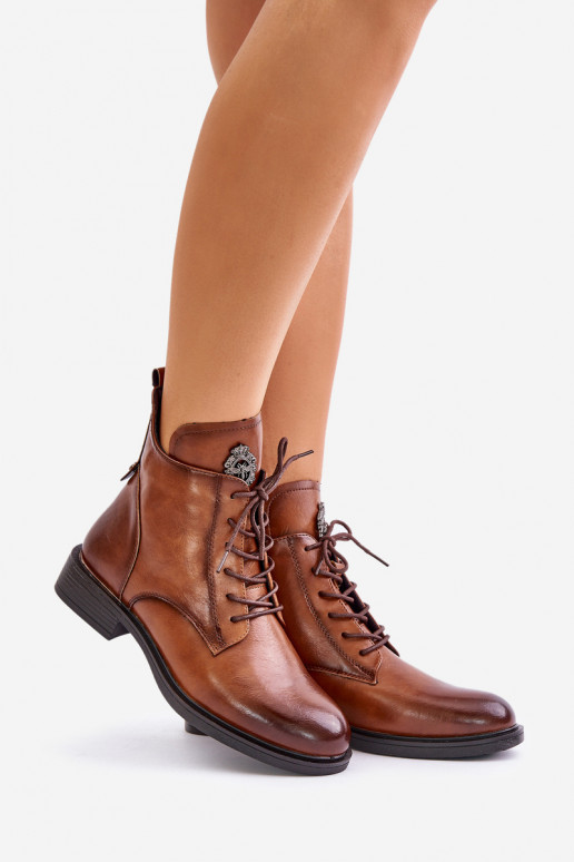 Pruunid sooja voodriga ankle boots laia kaunistatud kontsaga Leonise