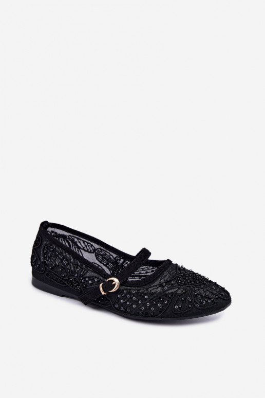 Kudum ballerinad, millel on tikanditega lilled ja sädelused musta värvi Caletta
