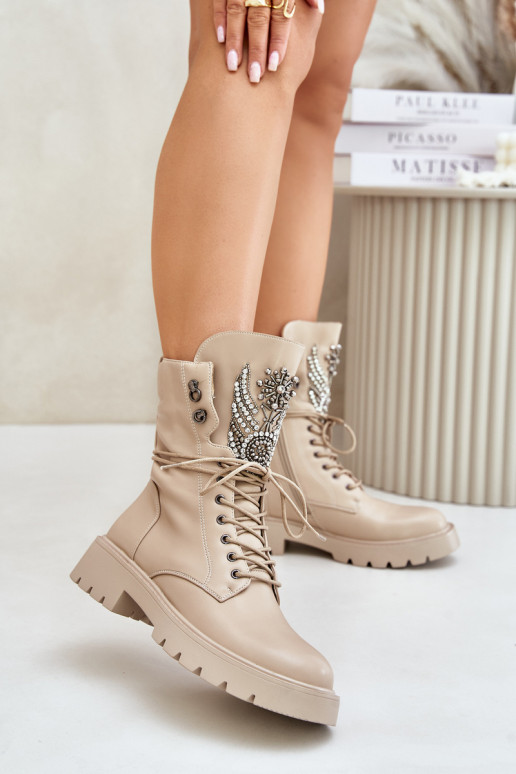 Kunstnahast isoleeritud töö ankle boots kaunistustega D&A MR880-080 beežid