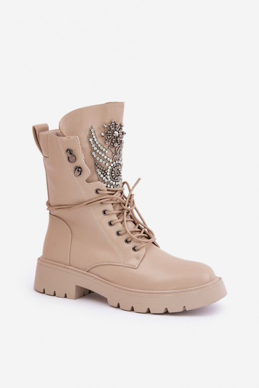 Kunstnahast isoleeritud töö ankle boots kaunistustega D&A MR880-080 beežid