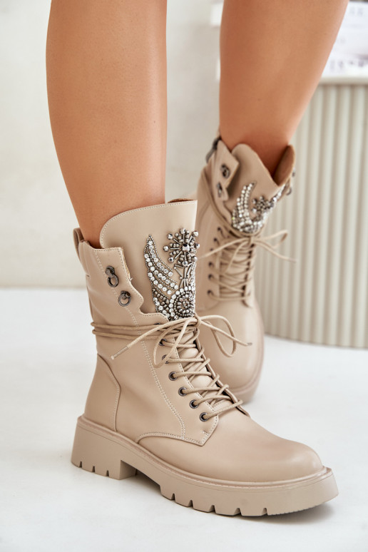 Kunstnahast isoleeritud töö ankle boots kaunistustega D&A MR880-080 beežid