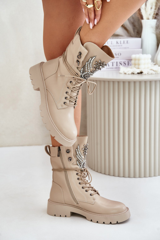 Kunstnahast isoleeritud töö ankle boots kaunistustega D&A MR880-080 beežid