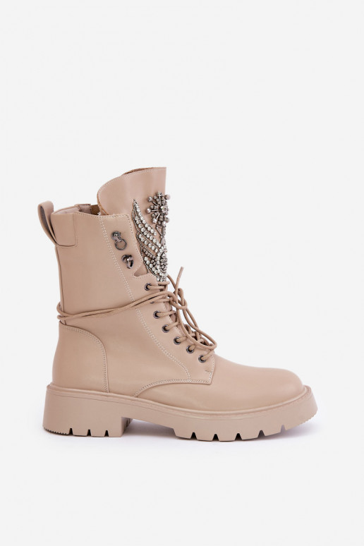 Kunstnahast isoleeritud töö ankle boots kaunistustega D&A MR880-080 beežid