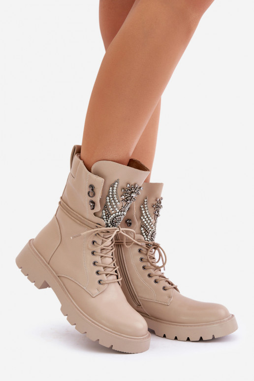 Kunstnahast isoleeritud töö ankle boots kaunistustega D&A MR880-080 beežid