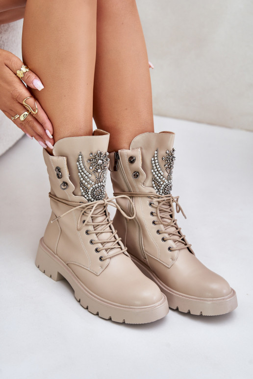 Kunstnahast isoleeritud töö ankle boots kaunistustega D&A MR880-080 beežid