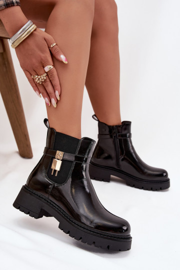 Stiilsed lakitud isoleeritud ankle boots detailidega Ze kuldsed ja mustad Talyra