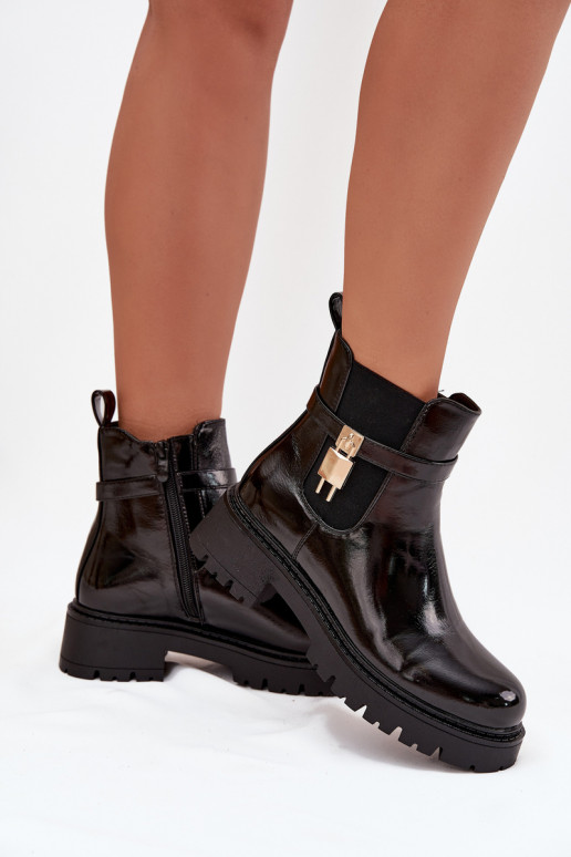 Stiilsed lakitud isoleeritud ankle boots detailidega Ze kuldsed ja mustad Talyra