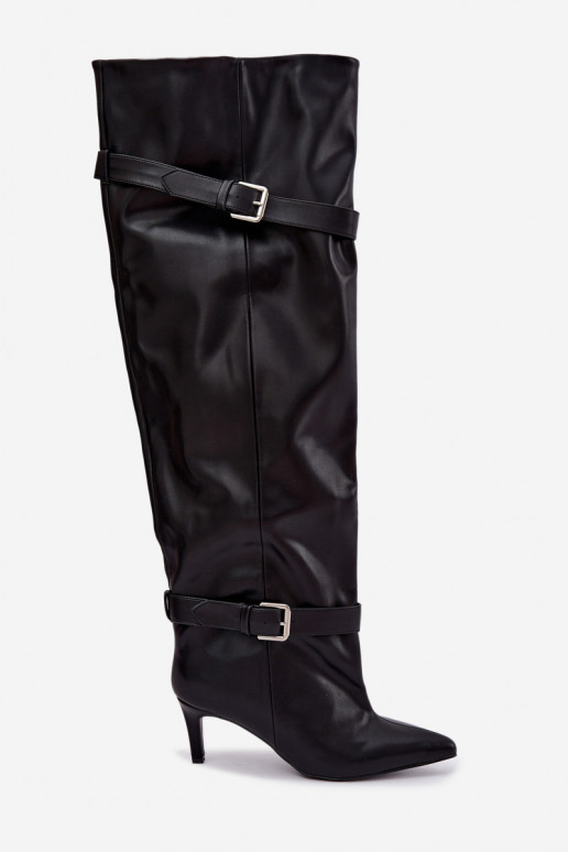 Üle põlve kontsaga saapad rihmade ja pandlitega mustas värvuses Tai turibel