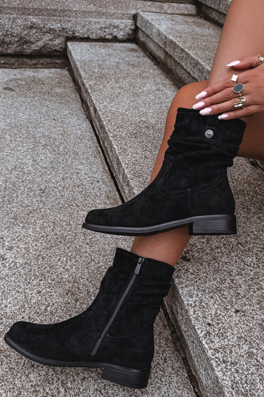 Soojad ankle boots volangidega ja laia kontsaga, must