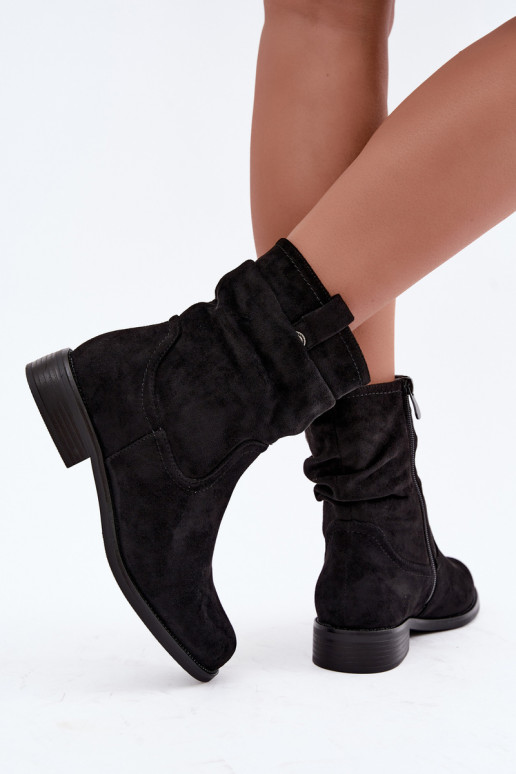 Soojad ankle boots volangidega ja laia kontsaga, must