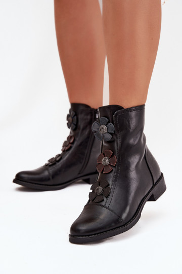 Soojad naiste ankle boots laia konts lillemotiividega mustas värvuses Pravienne 2