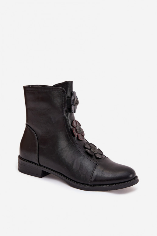 Soojad naiste ankle boots laia konts lillemotiividega mustas värvuses Pravienne