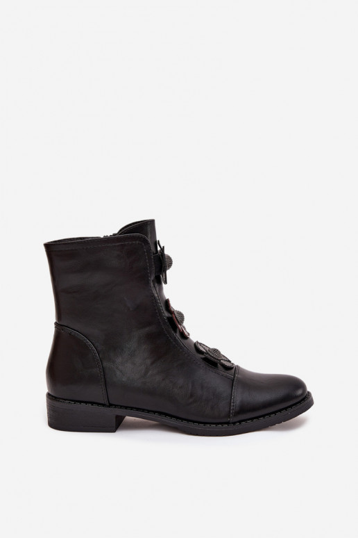 Soojad naiste ankle boots laia konts lillemotiividega mustas värvuses Pravienne