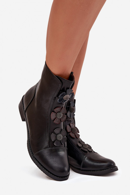 Soojad naiste ankle boots laia konts lillemotiividega mustas värvuses Pravienne