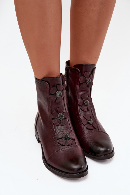 Soojad naiste ankle boots laia konts lillemotiividega burgundia värvuses Pravienne