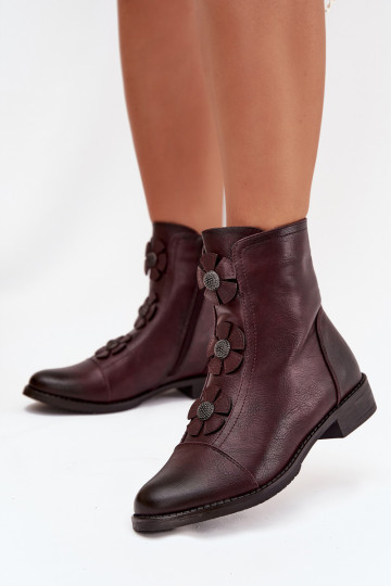 Soojad naiste ankle boots laia konts lillemotiividega burgundia värvuses Pravienne 2