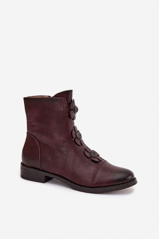 Soojad naiste ankle boots laia konts lillemotiividega burgundia värvuses Pravienne
