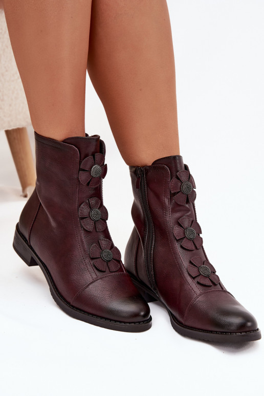 Soojad naiste ankle boots laia konts lillemotiividega burgundia värvuses Pravienne