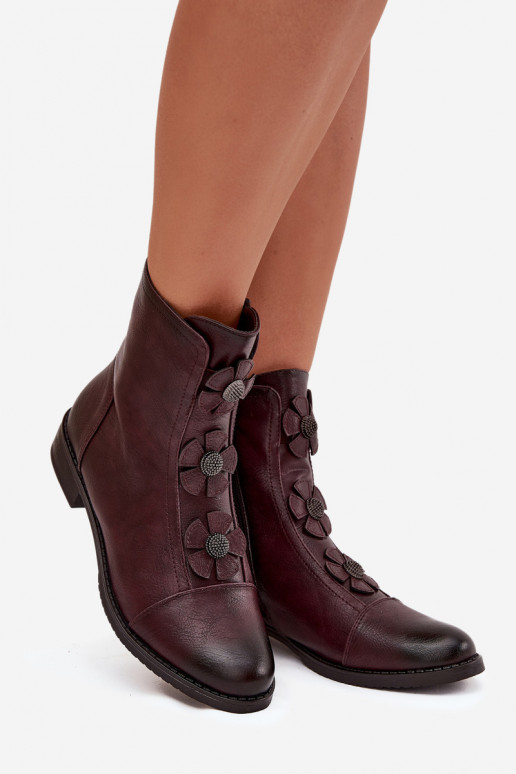 Soojad naiste ankle boots laia konts lillemotiividega burgundia värvuses Pravienne