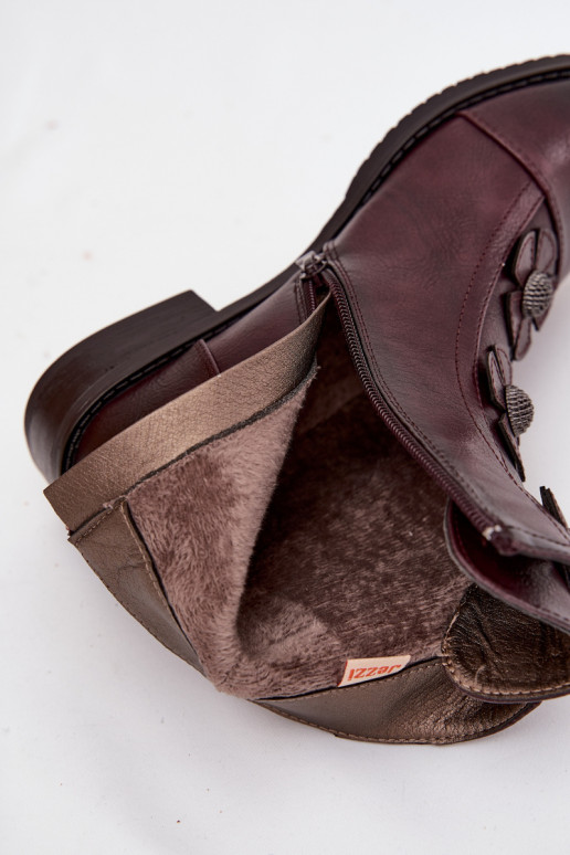Soojad naiste ankle boots laia konts lillemotiividega burgundia värvuses Pravienne