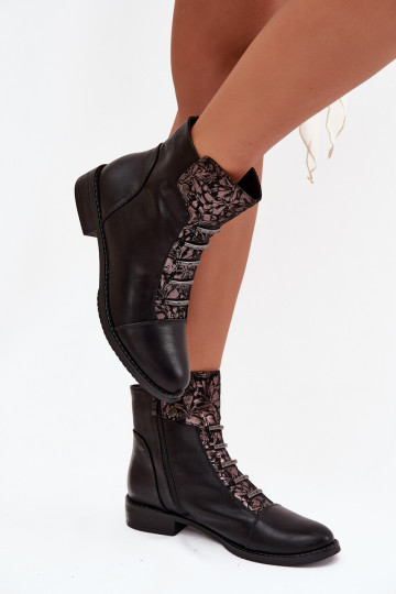 Soojad naiste ankle boots laia konts lillemotiividega mustas värvuses Labise