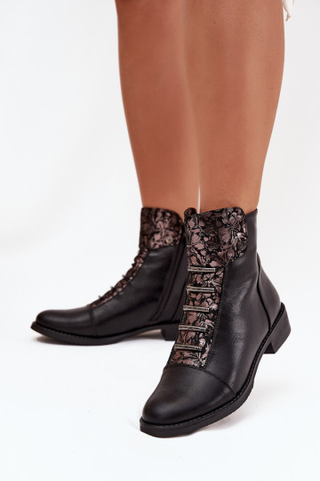 Soojad naiste ankle boots laia konts lillemotiividega mustas värvuses Labise 2