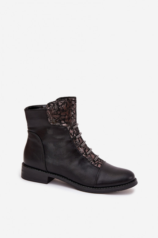 Soojad naiste ankle boots laia konts lillemotiividega mustas värvuses Labise
