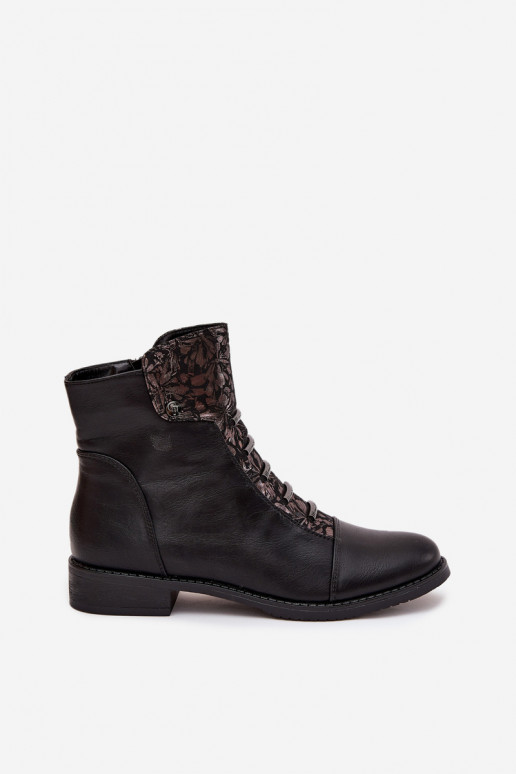 Soojad naiste ankle boots laia konts lillemotiividega mustas värvuses Labise