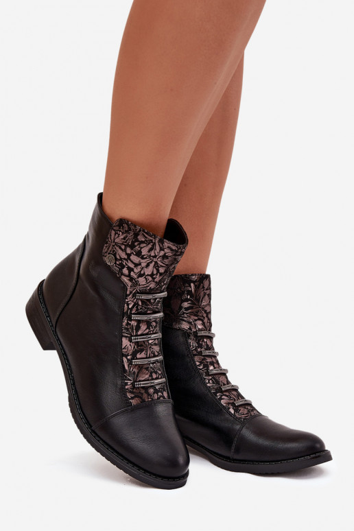 Soojad naiste ankle boots laia konts lillemotiividega mustas värvuses Labise