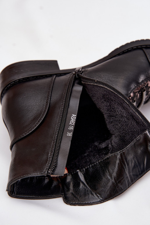 Soojad naiste ankle boots laia konts lillemotiividega mustas värvuses Labise
