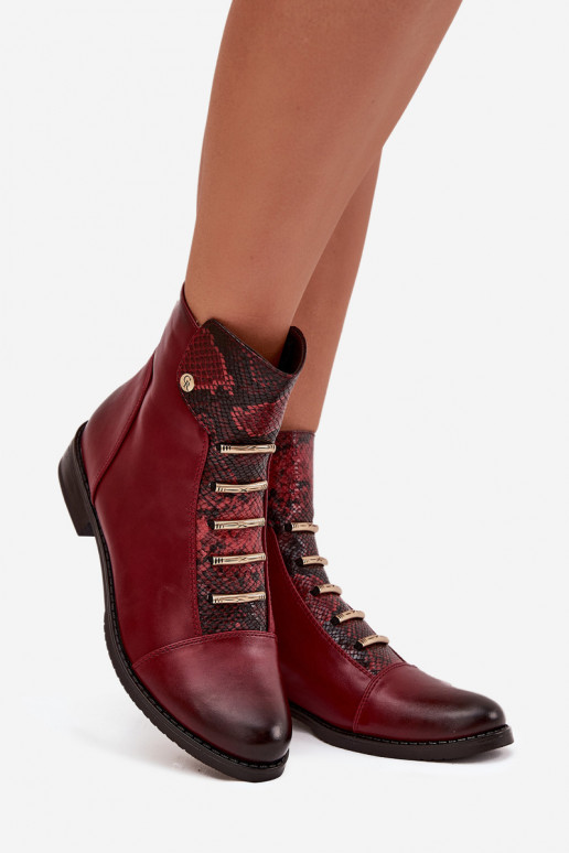Soojad naiste ankle boots laia konts loomamustriga burgundia värvuses Labise